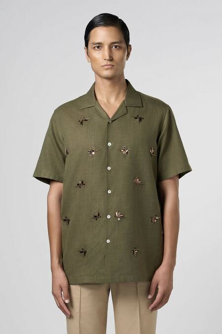 Shop_Line Out Line_Green Cotton Embroidery Beam Geometric Shirt_Online_at_Aza_Fashions