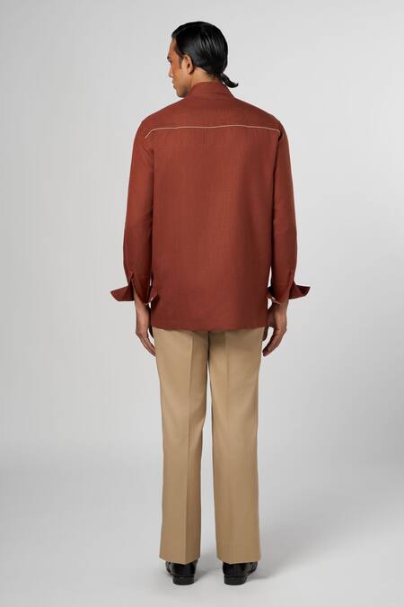 Shop Line Out Line Brown Matka Cotton Leather Patchwork Striped Shirt at Aza Fashions Shop_Line Out Line_Brown Matka Cotton Leather Patchwork Striped Shirt_at_Aza_Fashions