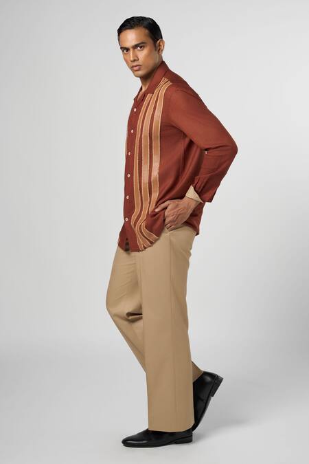 Line Out Line Brown Matka Cotton Leather Patchwork Striped Shirt Online at Aza Fashions Line Out Line_Brown Matka Cotton Leather Patchwork Striped Shirt_Online_at_Aza_Fashions