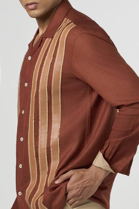 Buy Line Out Line Brown Matka Cotton Leather Patchwork Striped Shirt Online at Aza Fashions Buy_Line Out Line_Brown Matka Cotton Leather Patchwork Striped Shirt_Online_at_Aza_Fashions