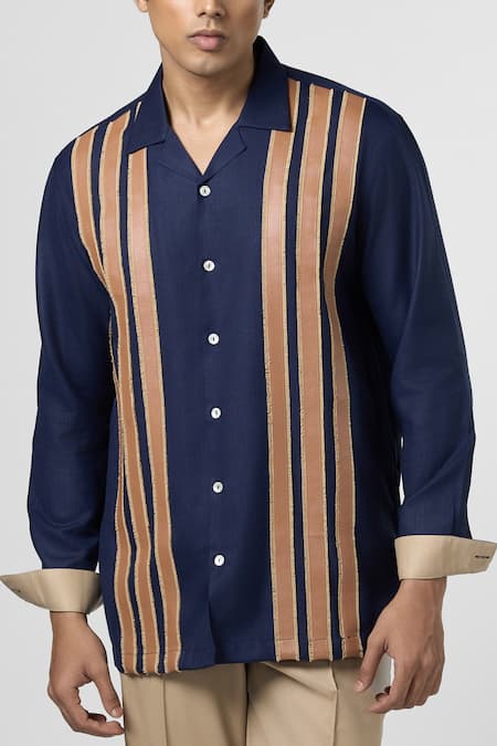 Line Out Line_Blue Matka Cotton Leather Patchwork Striped Shirt_Online_at_Aza_Fashions