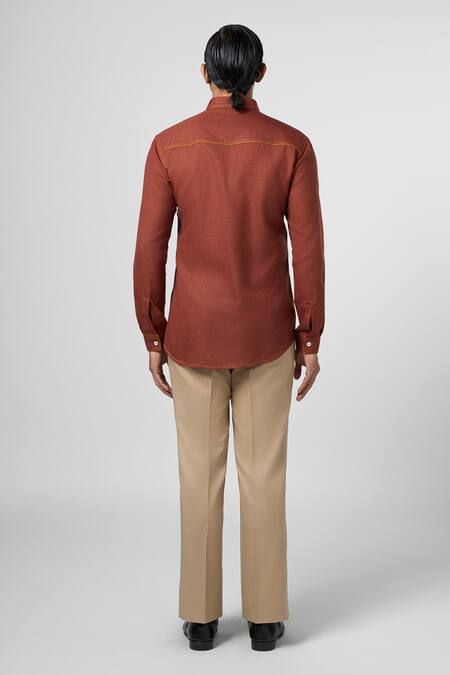 Shop_Line Out Line_Brown Matka Cotton Thread Stitching Contrast Shirt_at_Aza_Fashions