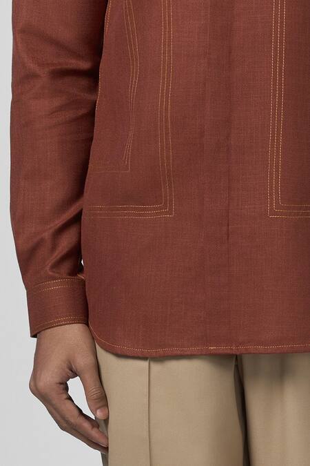 Line Out Line_Brown Matka Cotton Thread Stitching Contrast Shirt_Online_at_Aza_Fashions