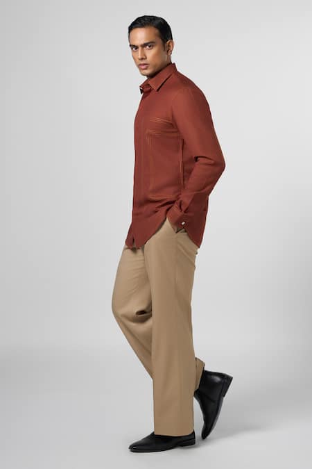 Buy_Line Out Line_Brown Matka Cotton Thread Stitching Contrast Shirt_Online_at_Aza_Fashions