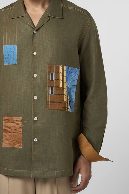 Line Out Line_Green Matka Cotton Printed Patchwork Urban Shirt_Online_at_Aza_Fashions