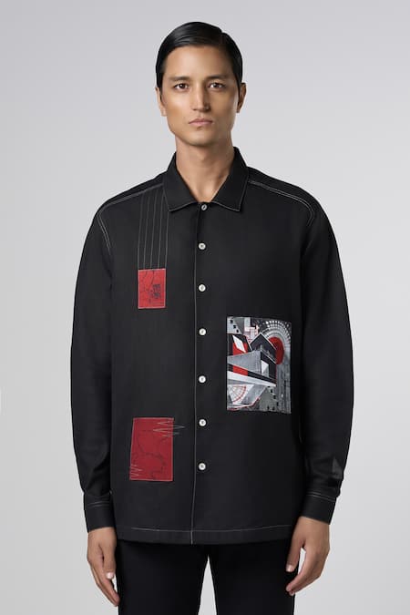 Line Out Line_Black Matka Cotton Printed Patchwork Urban Shirt_Online_at_Aza_Fashions