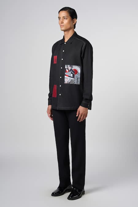 Buy_Line Out Line_Black Matka Cotton Printed Patchwork Urban Shirt_Online_at_Aza_Fashions