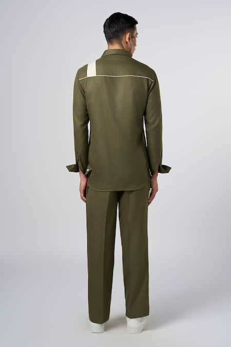 Shop_Line Out Line_Green Matka Cotton Patchwork Linear Shirt _at_Aza_Fashions