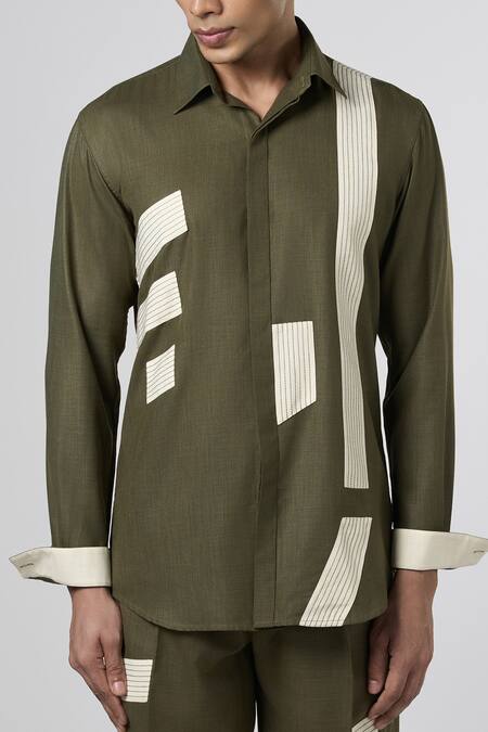 Line Out Line_Green Matka Cotton Patchwork Linear Shirt _Online_at_Aza_Fashions