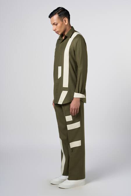 Buy_Line Out Line_Green Matka Cotton Patchwork Linear Shirt _Online_at_Aza_Fashions
