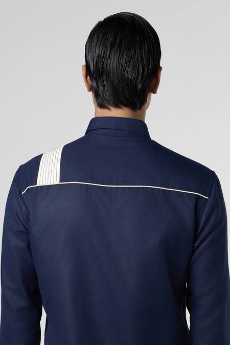 Line Out Line_Blue Matka Cotton Patchwork Linear Threadwork Shirt _Online_at_Aza_Fashions