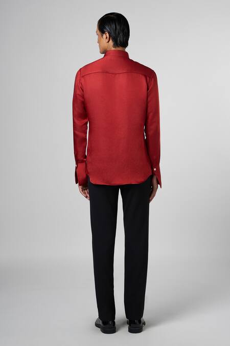 Shop_Line Out Line_Red Satin Linen Solid Tie Up Collar Shirt_at_Aza_Fashions