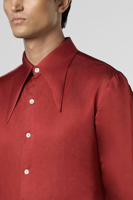 Line Out Line_Red Satin Linen Solid Tie Up Collar Shirt_Online_at_Aza_Fashions