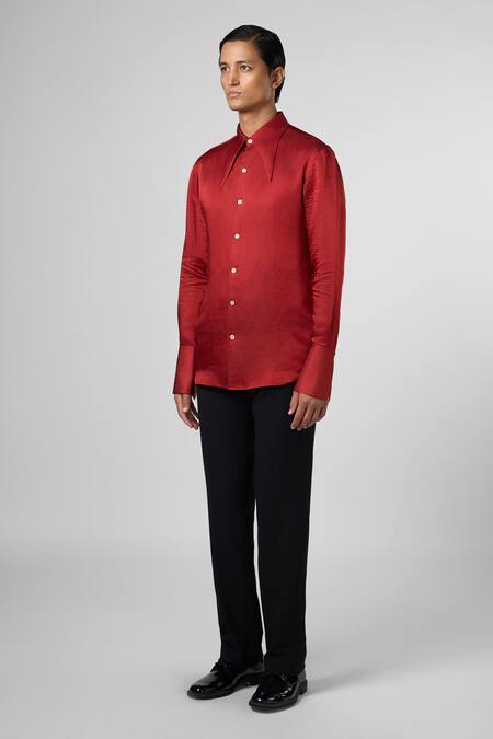 Buy_Line Out Line_Red Satin Linen Solid Tie Up Collar Shirt_Online_at_Aza_Fashions