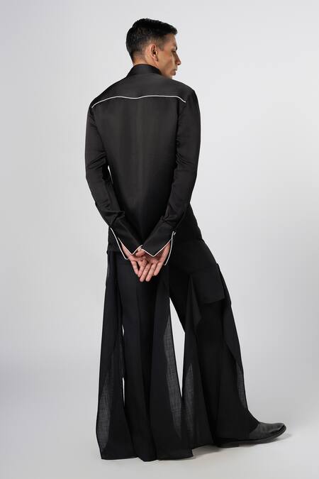Shop_Line Out Line_Black Satin Linen Piping Tie Up Collar Shirt _at_Aza_Fashions