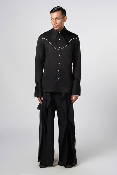 Line Out Line_Black Satin Linen Piping Tie Up Collar Shirt _Online_at_Aza_Fashions