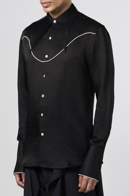 Buy_Line Out Line_Black Satin Linen Piping Tie Up Collar Shirt _Online_at_Aza_Fashions