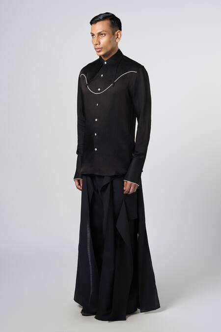 Shop_Line Out Line_Black Satin Linen Piping Tie Up Collar Shirt _Online_at_Aza_Fashions