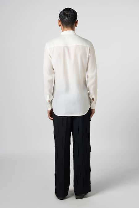 Shop_Line Out Line_Off White Malai Chanderi Solid Pussy Bow Shirt _at_Aza_Fashions