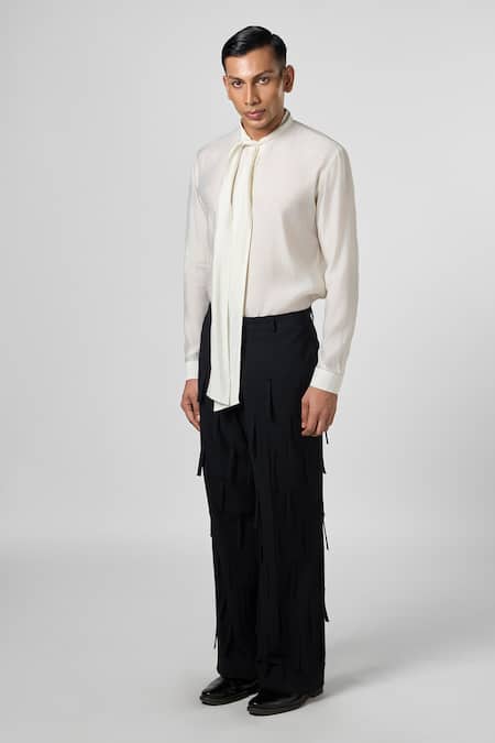 Line Out Line_Off White Malai Chanderi Solid Pussy Bow Shirt _Online_at_Aza_Fashions