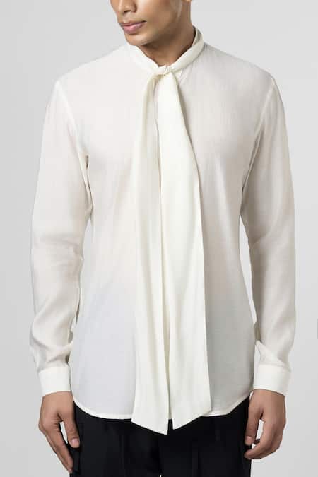 Buy_Line Out Line_Off White Malai Chanderi Solid Pussy Bow Shirt _Online_at_Aza_Fashions