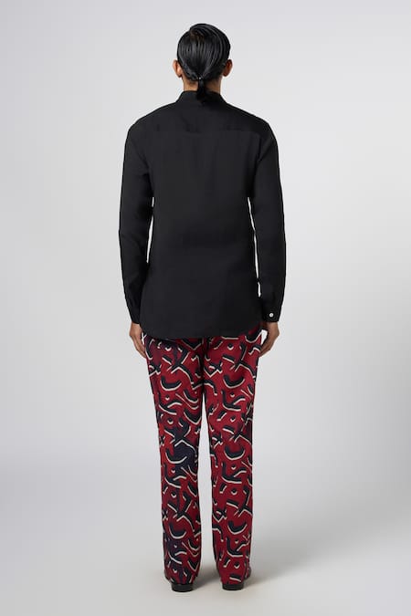 Shop_Line Out Line_Black Malai Chanderi Solid Pussy Bow Shirt_at_Aza_Fashions