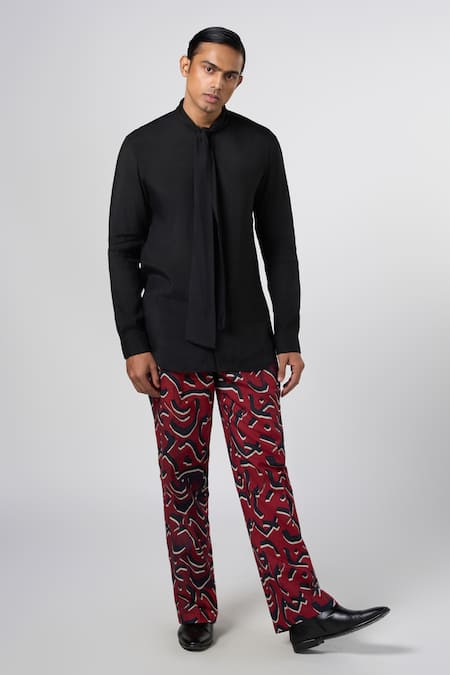Buy_Line Out Line_Black Malai Chanderi Solid Pussy Bow Shirt_Online_at_Aza_Fashions