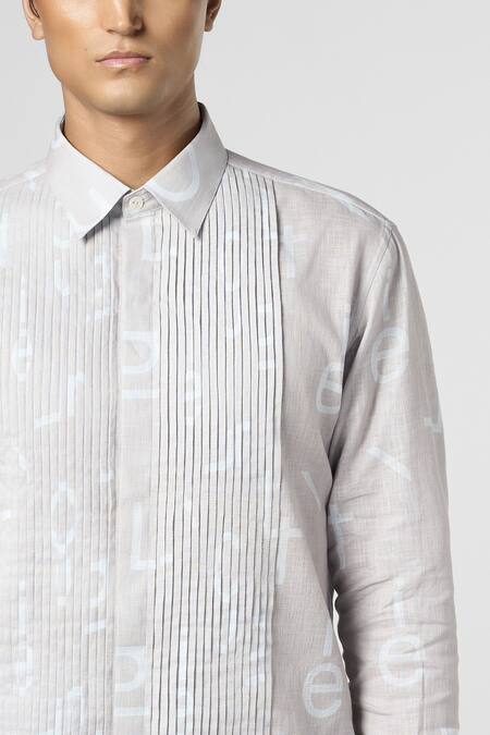 Line Out Line_Ivory Cotton Linen Printed Alphabet Shirt_Online_at_Aza_Fashions