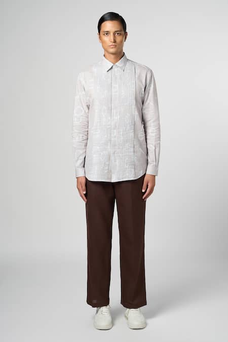Shop_Line Out Line_Ivory Cotton Linen Printed Alphabet Shirt_Online_at_Aza_Fashions