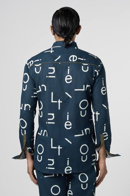 Line Out Line_Blue Cotton Linen Printed Alphabet Pintuck Shirt_Online_at_Aza_Fashions