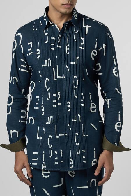 Buy_Line Out Line_Blue Cotton Linen Printed Alphabet Pintuck Shirt_Online_at_Aza_Fashions