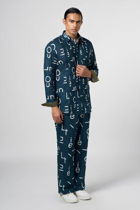 Shop_Line Out Line_Blue Cotton Linen Printed Alphabet Pintuck Shirt_Online_at_Aza_Fashions