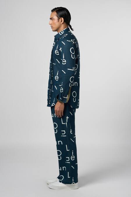 Line Out Line_Blue Cotton Linen Printed Alphabet Pintuck Shirt_at_Aza_Fashions