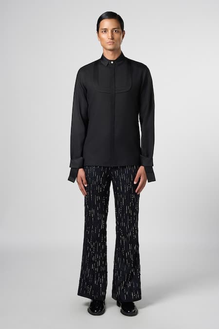 Line out line Black Satin Linen Solid Inverted Arch Double Collar Shirt 