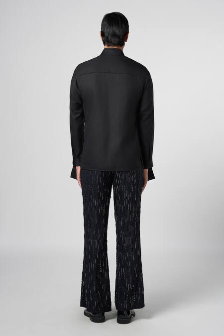 Shop Line Out Line Black Satin Linen Solid Inverted Arch Double Collar Shirt at Aza Fashions Shop_Line Out Line_Black Satin Linen Solid Inverted Arch Double Collar Shirt_at_Aza_Fashions