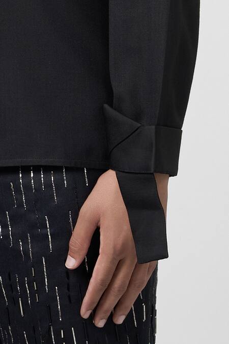 Line Out Line Black Satin Linen Solid Inverted Arch Double Collar Shirt Online at Aza Fashions Line Out Line_Black Satin Linen Solid Inverted Arch Double Collar Shirt_Online_at_Aza_Fashions