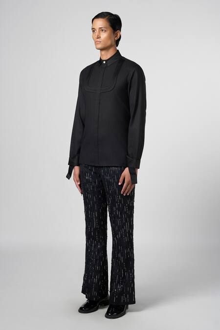 Buy Line Out Line Black Satin Linen Solid Inverted Arch Double Collar Shirt Online at Aza Fashions Buy_Line Out Line_Black Satin Linen Solid Inverted Arch Double Collar Shirt_Online_at_Aza_Fashions