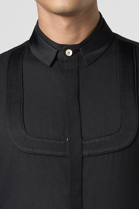 Shop Line Out Line Black Satin Linen Solid Inverted Arch Double Collar Shirt Online at Aza Fashions Shop_Line Out Line_Black Satin Linen Solid Inverted Arch Double Collar Shirt_Online_at_Aza_Fashions