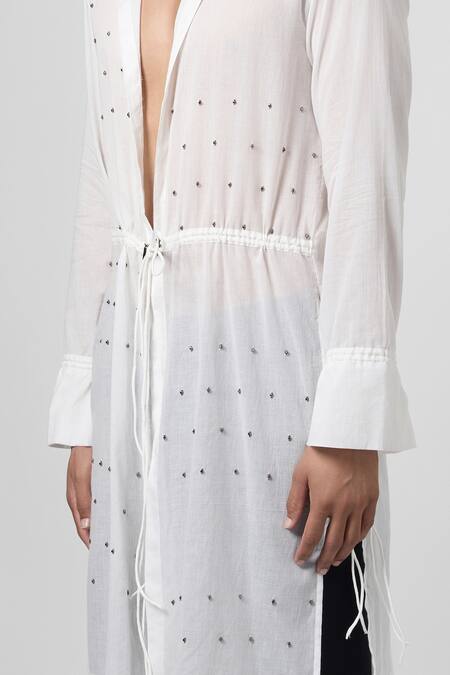 Line Out Line_White Mul Cotton Embroidered Crystal Day Sparkle Long Shirt_Online_at_Aza_Fashions