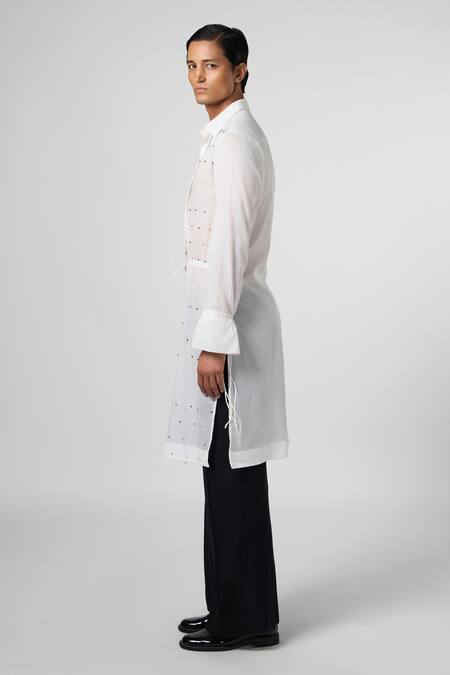 Shop_Line Out Line_White Mul Cotton Embroidered Crystal Day Sparkle Long Shirt_Online_at_Aza_Fashions