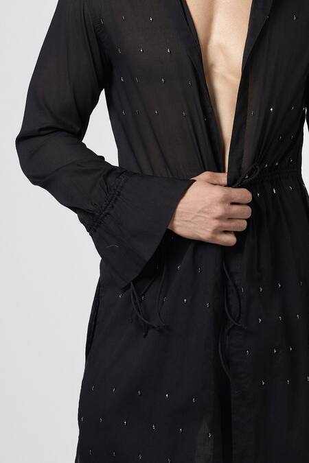 Line Out Line_Black Mul Cotton Embroidered Crystal Night Sparkle Long Shirt_Online_at_Aza_Fashions
