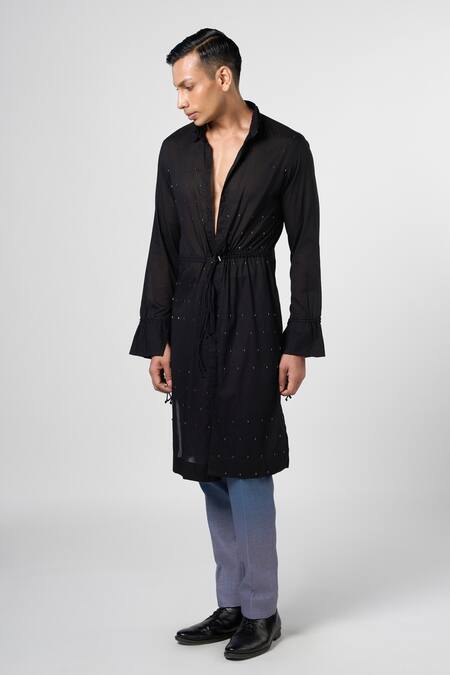 Buy_Line Out Line_Black Mul Cotton Embroidered Crystal Night Sparkle Long Shirt_Online_at_Aza_Fashions