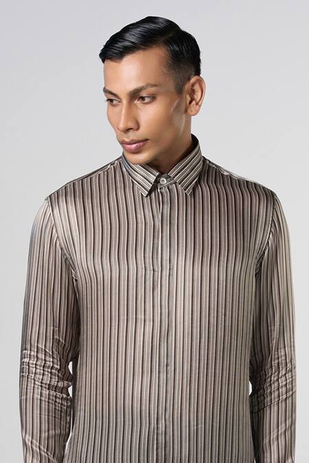 Line Out Line_Green Modal Satin Stripe Pattern Shirt_Online_at_Aza_Fashions