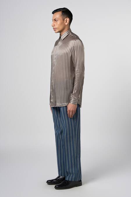 Shop_Line Out Line_Green Modal Satin Stripe Pattern Shirt_Online_at_Aza_Fashions
