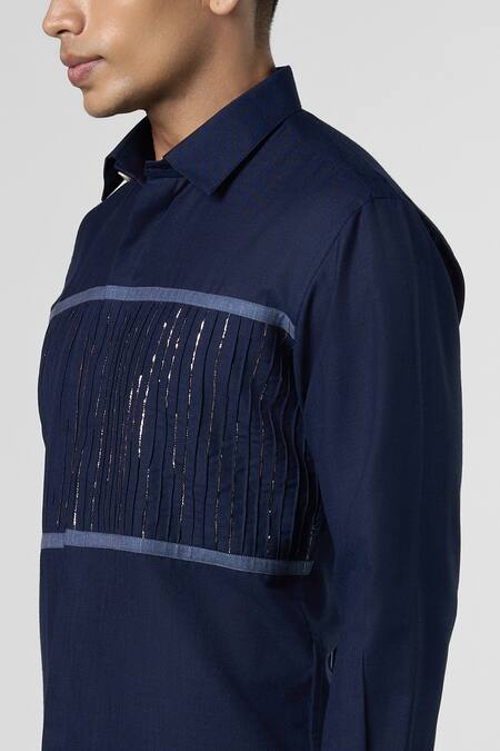 Line Out Line_Blue Matka Cotton Embroidered Pitta Glimmer Shirt_Online_at_Aza_Fashions