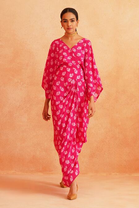 Palak & Mehak_Pink Crepe V-neck Seerat Printed Kimono Draped Dress _Online_at_Aza_Fashions