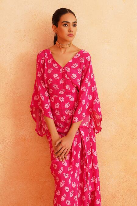 Shop_Palak & Mehak_Pink Crepe V-neck Seerat Printed Kimono Draped Dress _Online_at_Aza_Fashions