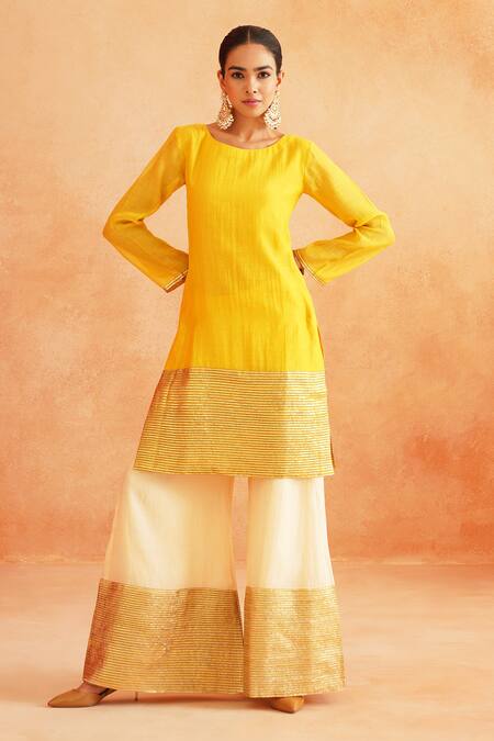 Palak & Mehak_Yellow Chanderi Zari Round Neck Adiva Striped Hem Kurta Wide Leg Pant Set _Online_at_Aza_Fashions