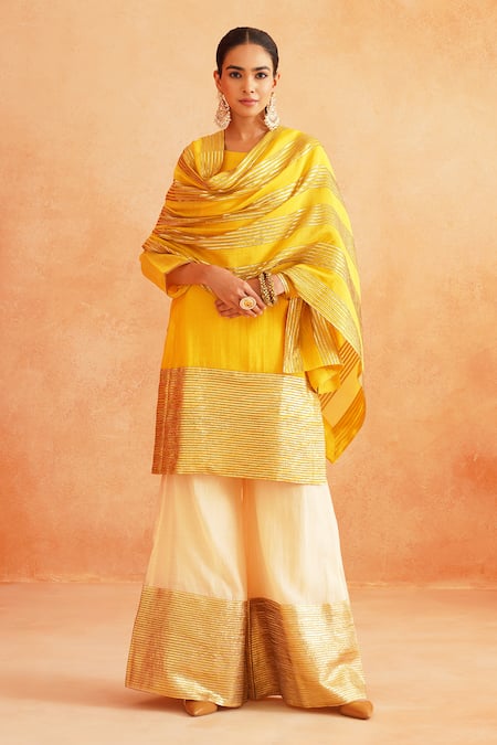 Buy_Palak & Mehak_Yellow Chanderi Zari Round Neck Adiva Striped Hem Kurta Wide Leg Pant Set _Online_at_Aza_Fashions