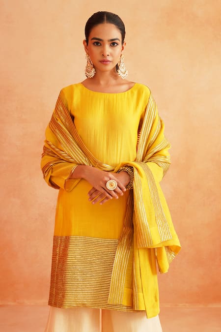 Shop_Palak & Mehak_Yellow Chanderi Zari Round Neck Adiva Striped Hem Kurta Wide Leg Pant Set _Online_at_Aza_Fashions